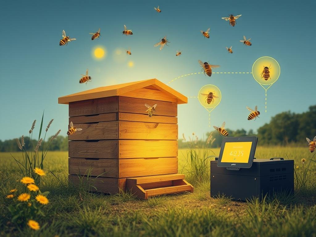 Genera un'immagine che rappresenti un sistema di sicurezza per alveari con tecnologia GPS