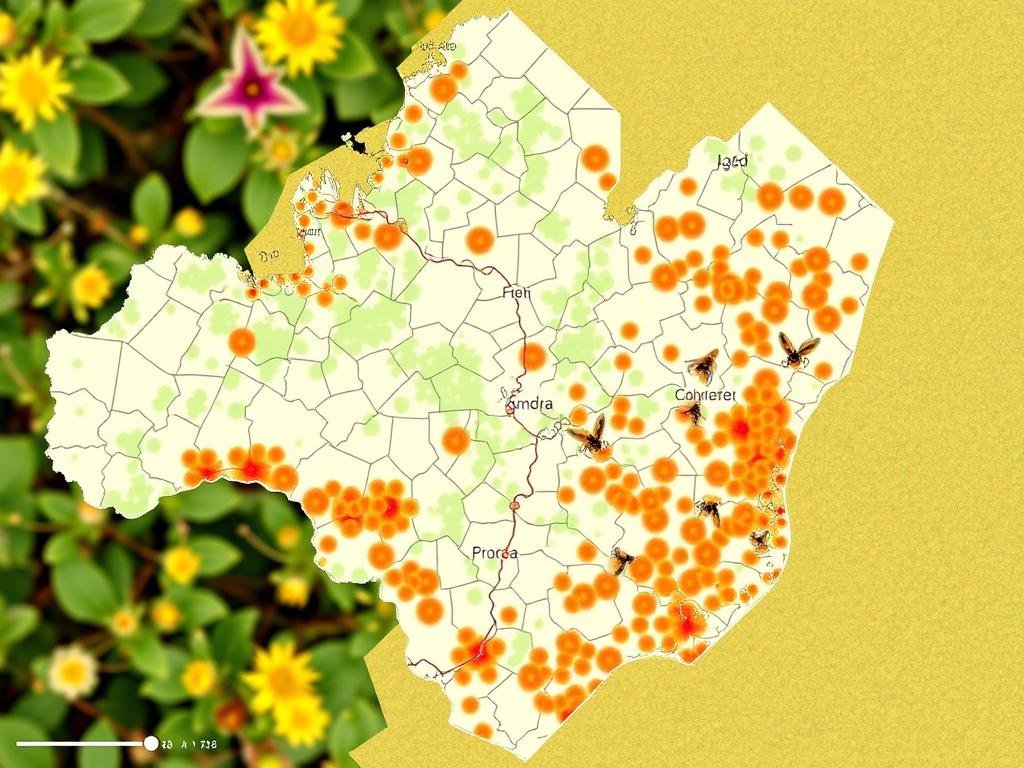 Genera un'immagine che rappresenti una mappa dettagliata delle risorse floreali con sovrimpressioni di dati relativi al polline.