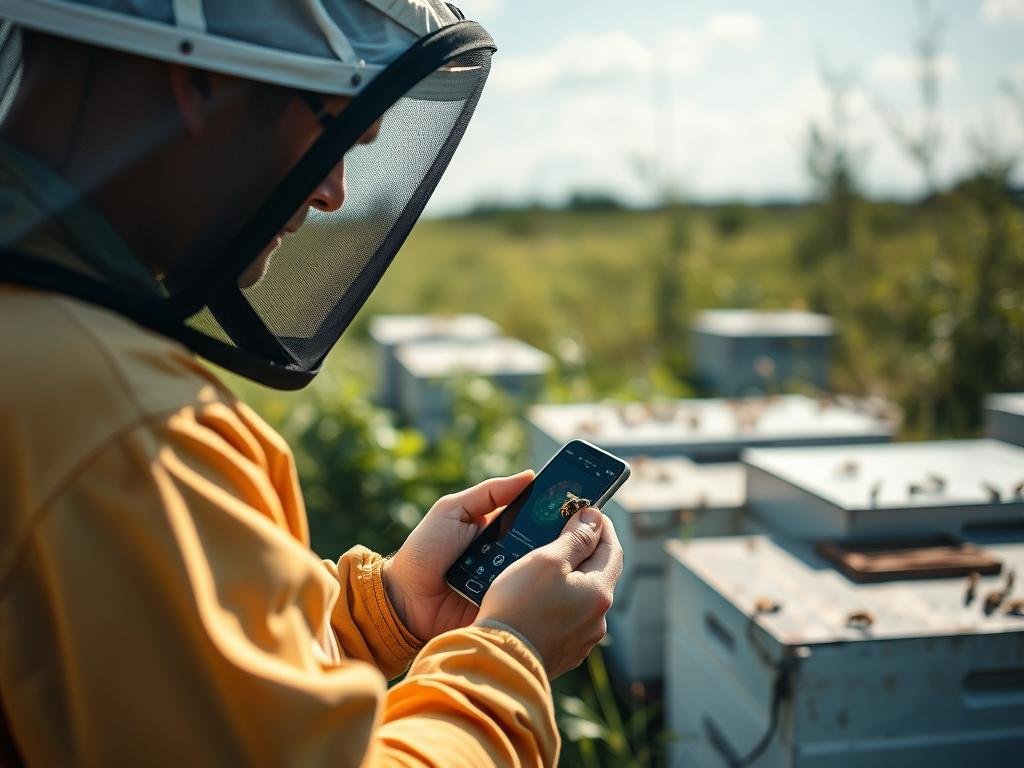 Genera un'immagine che rappresenti un'apicoltore che utilizza un'app per monitorare le arnie. Genera un'immagine che rappresenti un'apicoltore che utilizza un'app per monitorare le arnie.
