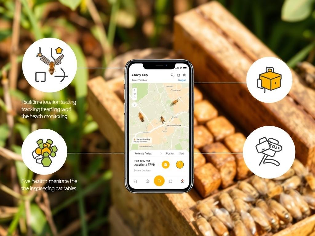 Genera un'immagine che rappresenti un'applicazione di tracciamento GPS per apiari