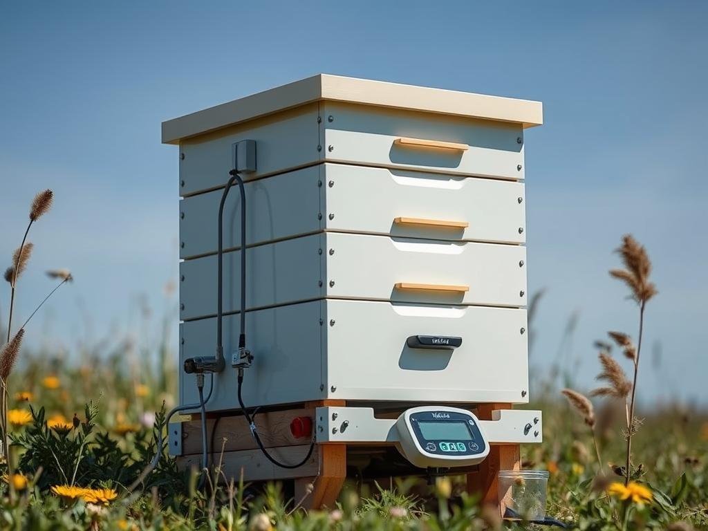 Genera un'immagine che rappresenti un'arnia digitale Melixa con sensori e bilancia