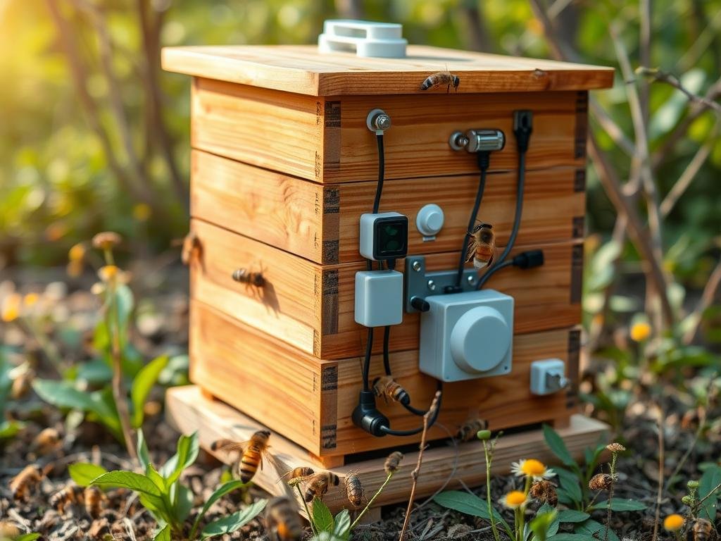 Genera un'immagine che rappresenti un'arnia intelligente con sensori e sistemi di comunicazione integrati.