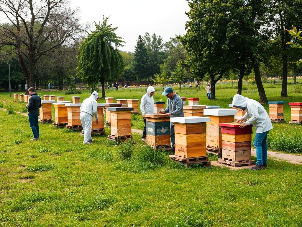 Genera un'immagine del Parco del Nobile a Torino, con apiari e membri della Comunità degli Apicoltori Urbani Genera un'immagine del Parco del Nobile a Torino, con apiari e membri della Comunità degli Apicoltori Urbani