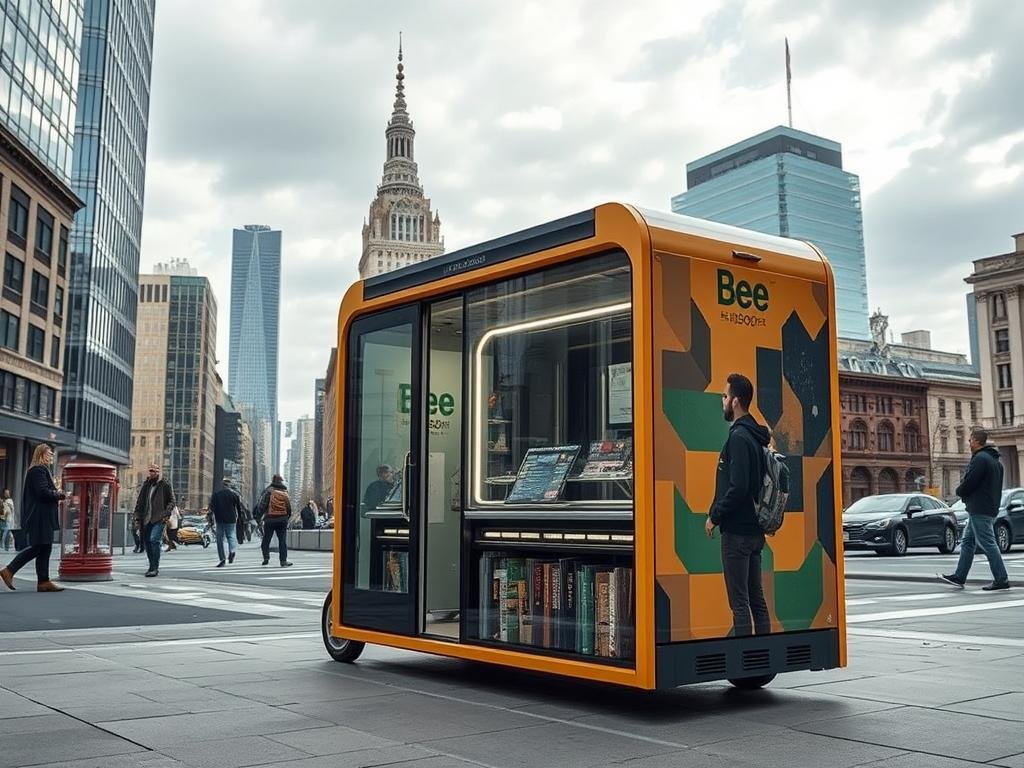 Genera un'immagine della B-BOX di Beeing in un contesto urbano