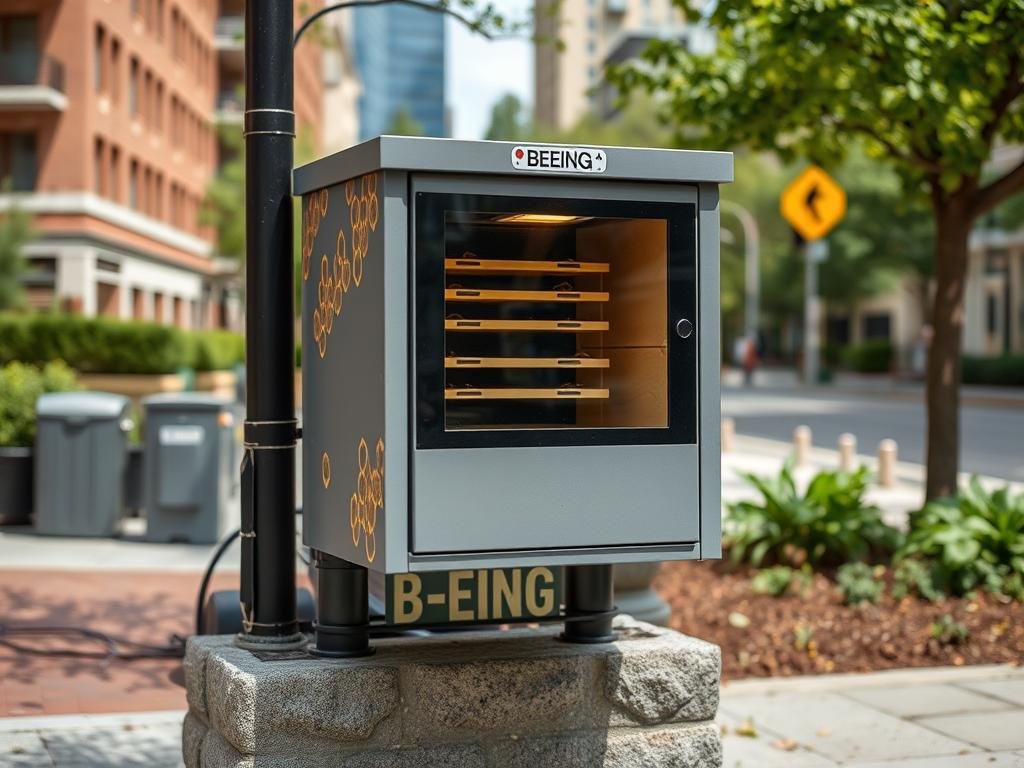 Genera un'immagine della B-BOX di Beeing installata in un contesto urbano.