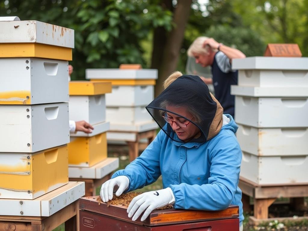 Genera un'immagine della Cascina Biblioteca a Milano, con apiari e persone con fragilità che partecipano a attività di apicoltura Genera un'immagine della Cascina Biblioteca a Milano, con apiari e persone con fragilità che partecipano a attività di apicoltura