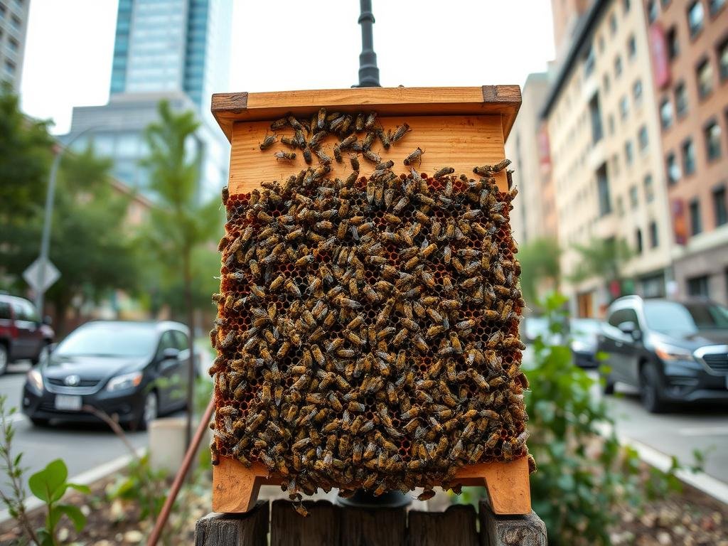 Genera un'immagine dell'arnia Dadant Blatt in un contesto urbano