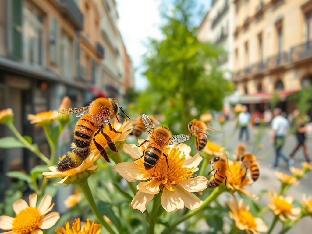 Genera un'immagine delle api italiane in un ambiente urbano