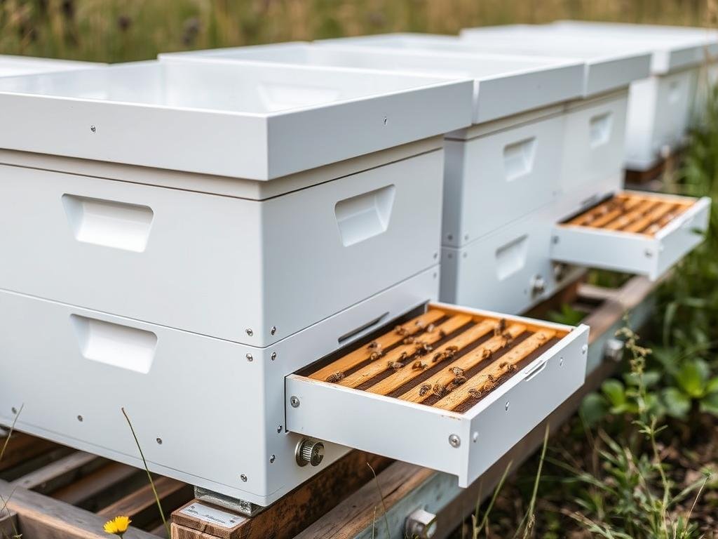 Genera un'immagine delle arnie digitali di Melixa con sensori e bilancia ad alta sensibilità.