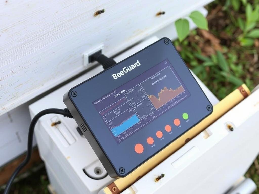 Genera un'immagine di BeeGuard installato su un'arnia con grafici e dati Genera un'immagine di BeeGuard installato su un'arnia con grafici e dati