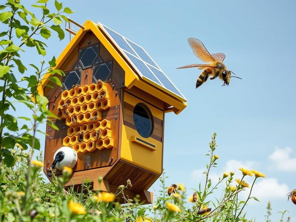 Genera un'immagine di BeeHome, l'alveare tecnologico con robot e pannelli solari
