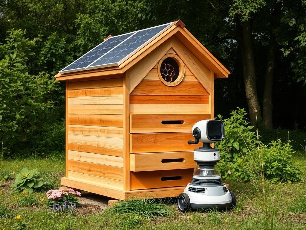 Genera un'immagine di BeeHome, un alveare tecnologico con pannelli solari e un robot per la pulizia.