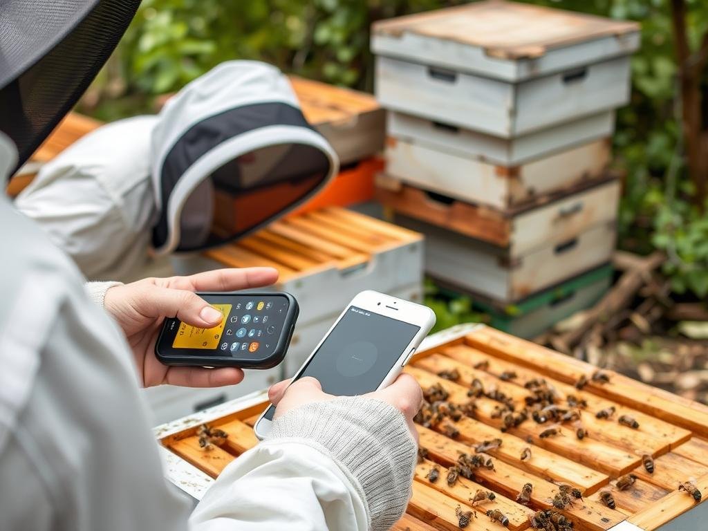 Genera un'immagine di BeePhone e BeeScale in uso in un apiario