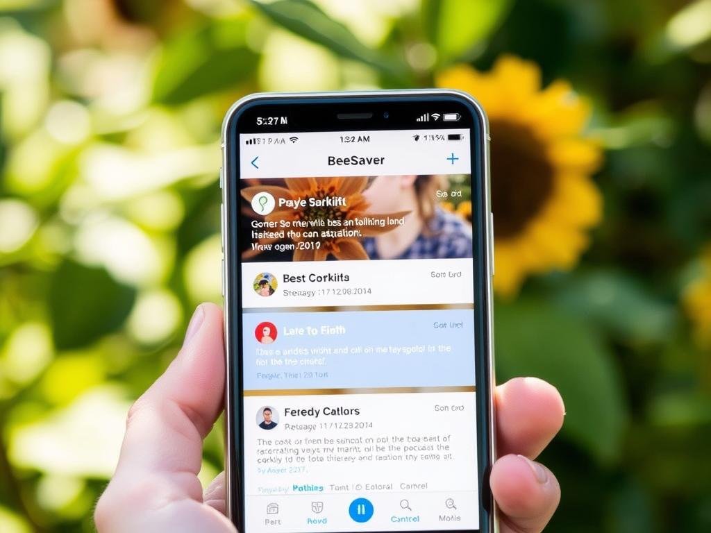 Genera un'immagine di BeeSaver in azione, con notifiche sullo schermo di un'applicazione mobile