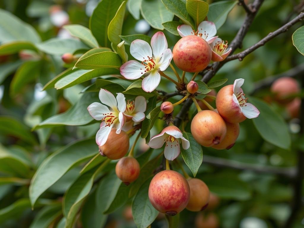 Genera un'immagine di Corbezzolo con fiori e frutti