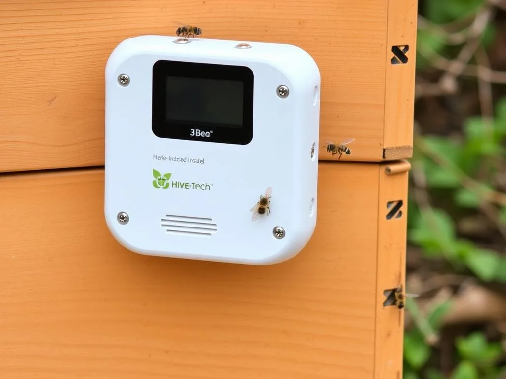 Genera un'immagine di Hive-Tech di 3Bee installato su un alveare Genera un'immagine di Hive-Tech di 3Bee installato su un alveare
