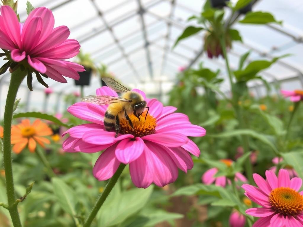 Genera un'immagine di "Polly" mentre impollina un fiore in una serra.