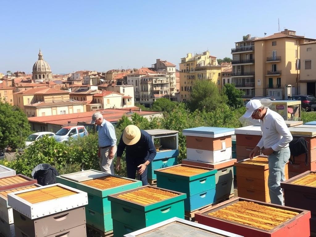 Genera un'immagine di apiari a Roma, Bari e Potenza, con cittadini e apicoltori urbani Genera un'immagine di apiari a Roma, Bari e Potenza, con cittadini e apicoltori urbani