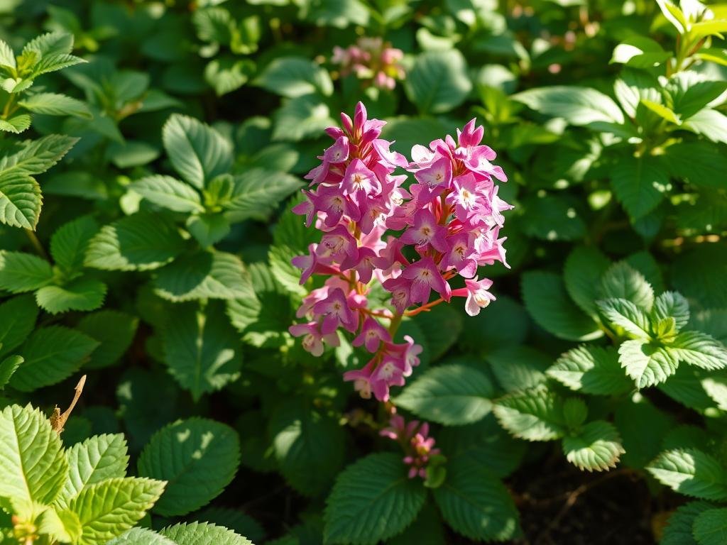Genera un'immagine di pulmonaria in fiore in una zona ombreggiata