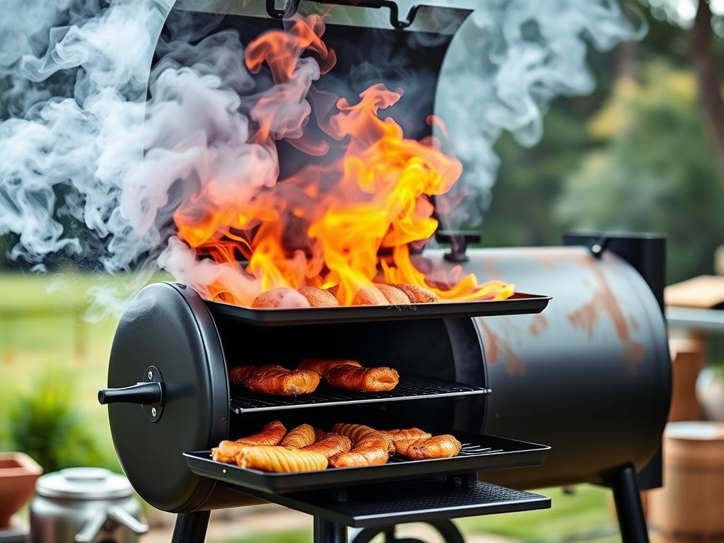 Genera un'immagine di un affumicatore a pellet in azione