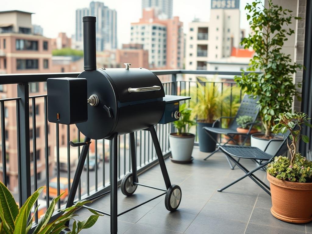 Genera un'immagine di un affumicatore portatile su un balcone