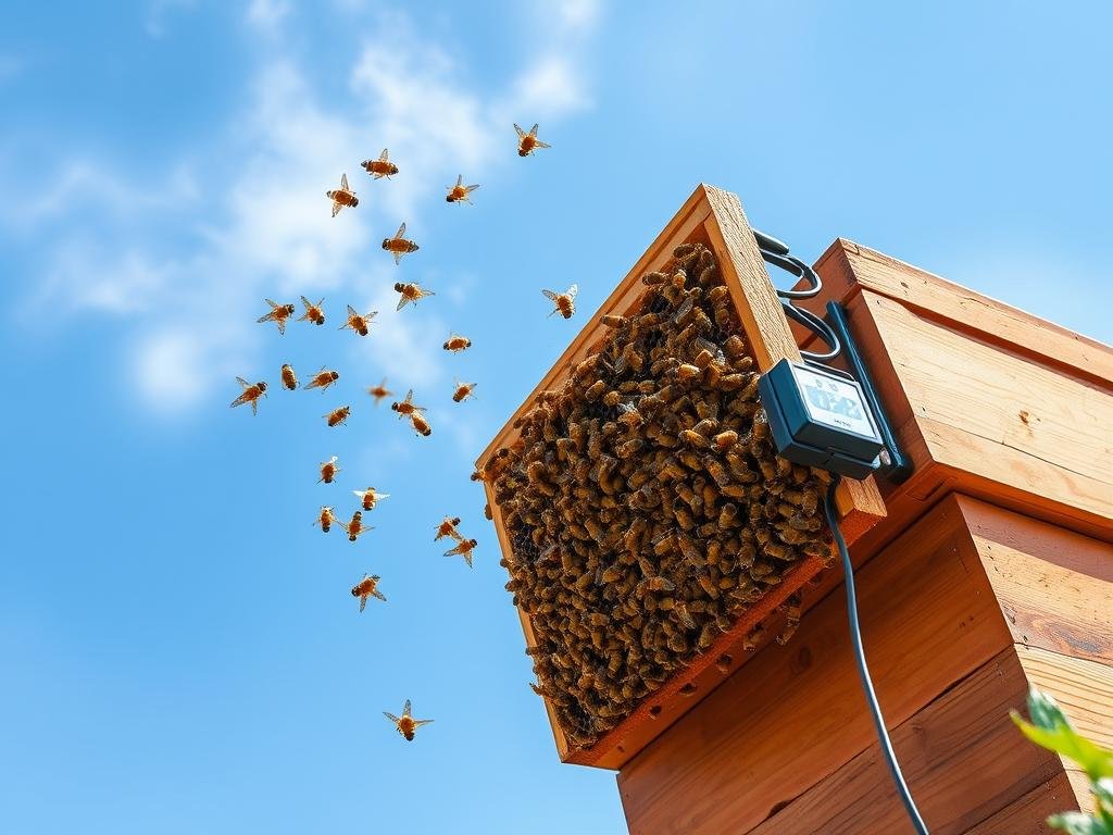 Genera un'immagine di un alveare con sensori di monitoraggio