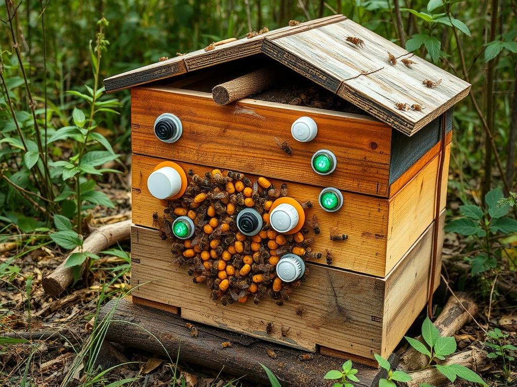 Genera un'immagine di un alveare con sensori di monitoraggio integrati