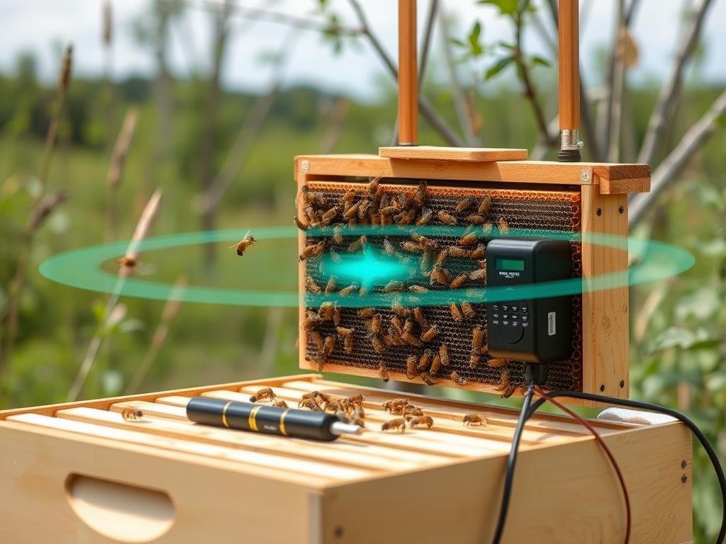 Genera un'immagine di un alveare con sensori di monitoraggio remoto