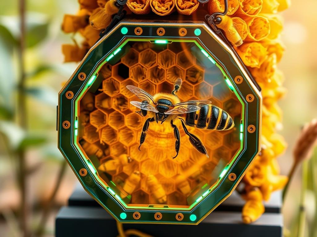 Genera un'immagine di un alveare con sensori e tecnologia IA integrata