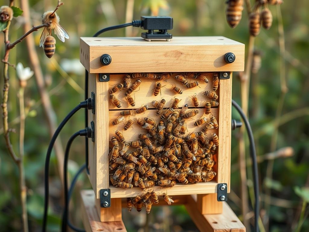 Genera un'immagine di un alveare moderno con sensori integrati