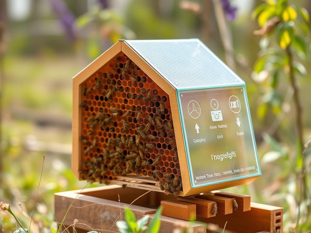 Genera un'immagine di un alveare moderno con tecnologia avanzata