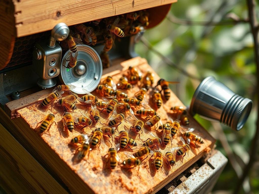 Genera un'immagine di un alveare tecnologico con api che lavorano intorno a dispositivi di monitoraggio