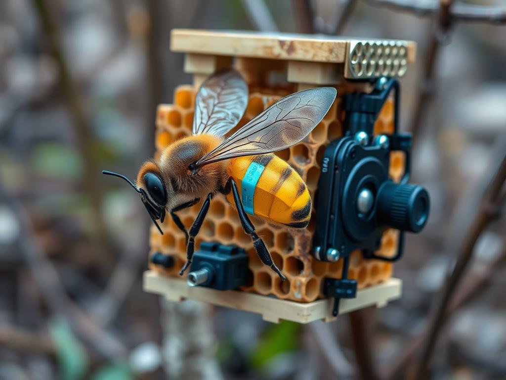 Genera un'immagine di un alveare tecnologico con sensori e robotica integrata