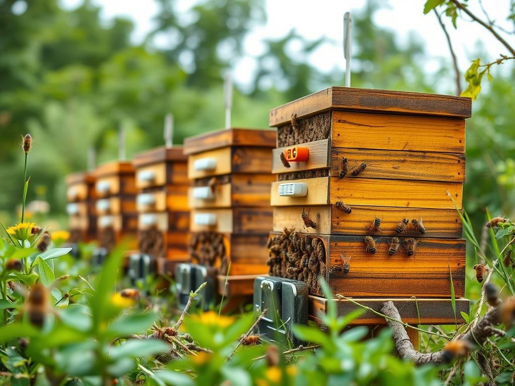 Genera un'immagine di un apiario con arnie intelligenti connesse a sistemi di monitoraggio