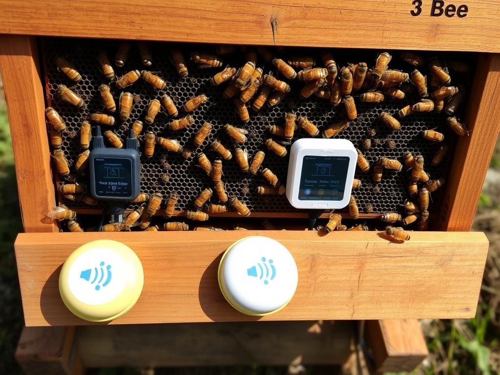 Genera un'immagine di un apiario con dispositivi di monitoraggio 3Bee installati