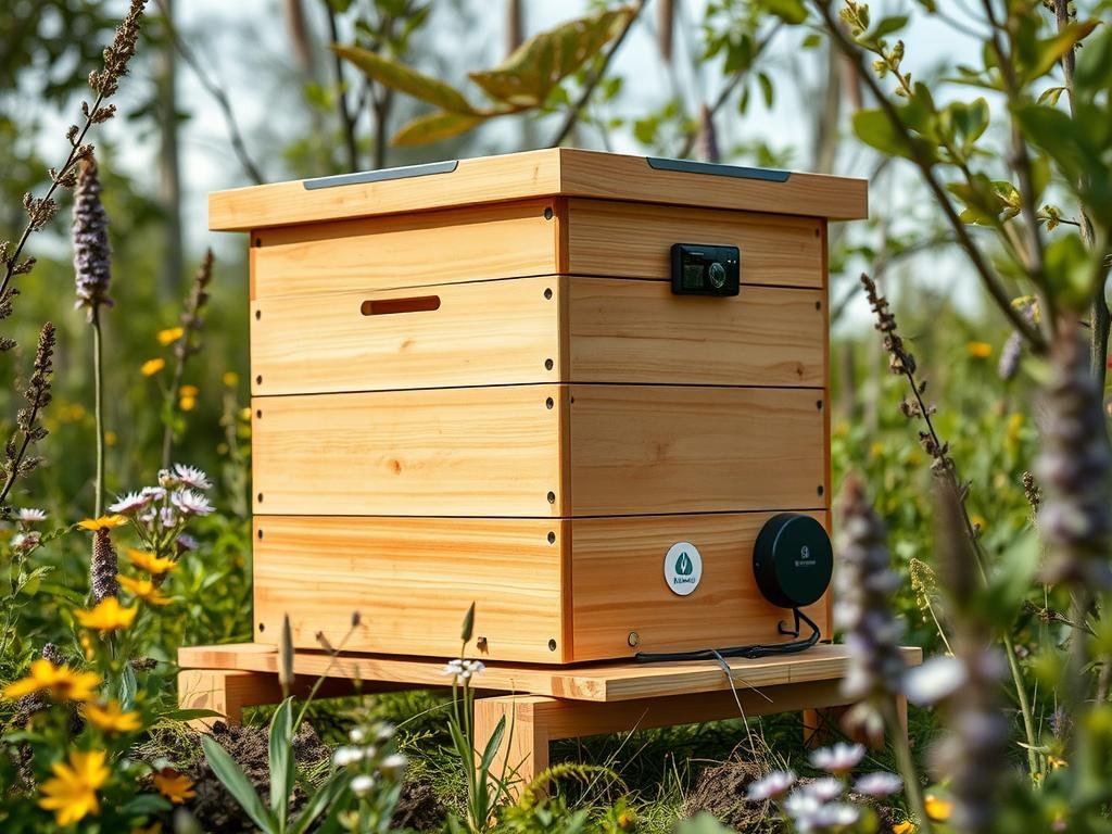 Genera un'immagine di un apiario moderno con sensori IoT