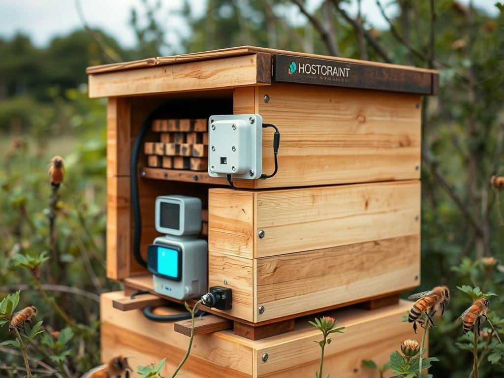 Genera un'immagine di un apiario moderno con sensori e tecnologie avanzate Genera un'immagine di un apiario moderno con sensori e tecnologie avanzate