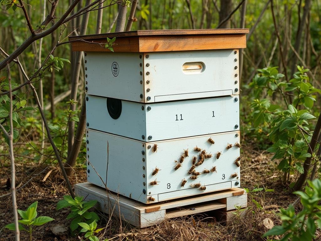 Genera un'immagine di un apiario protetto da sistemi di sicurezza avanzati