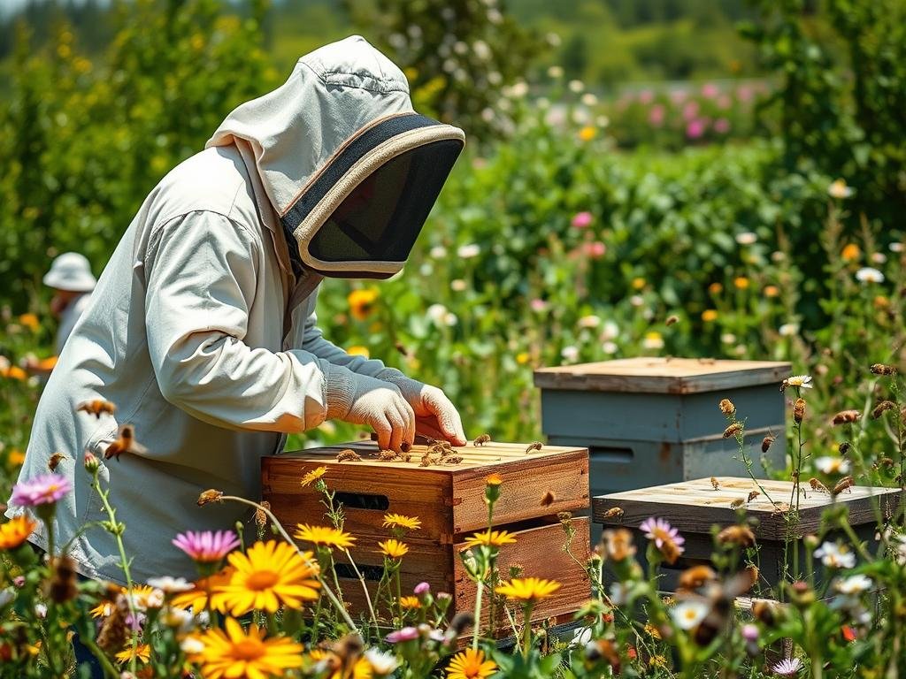 Genera un'immagine di un apicoltore che utilizza Arnia per monitorare gli alveari