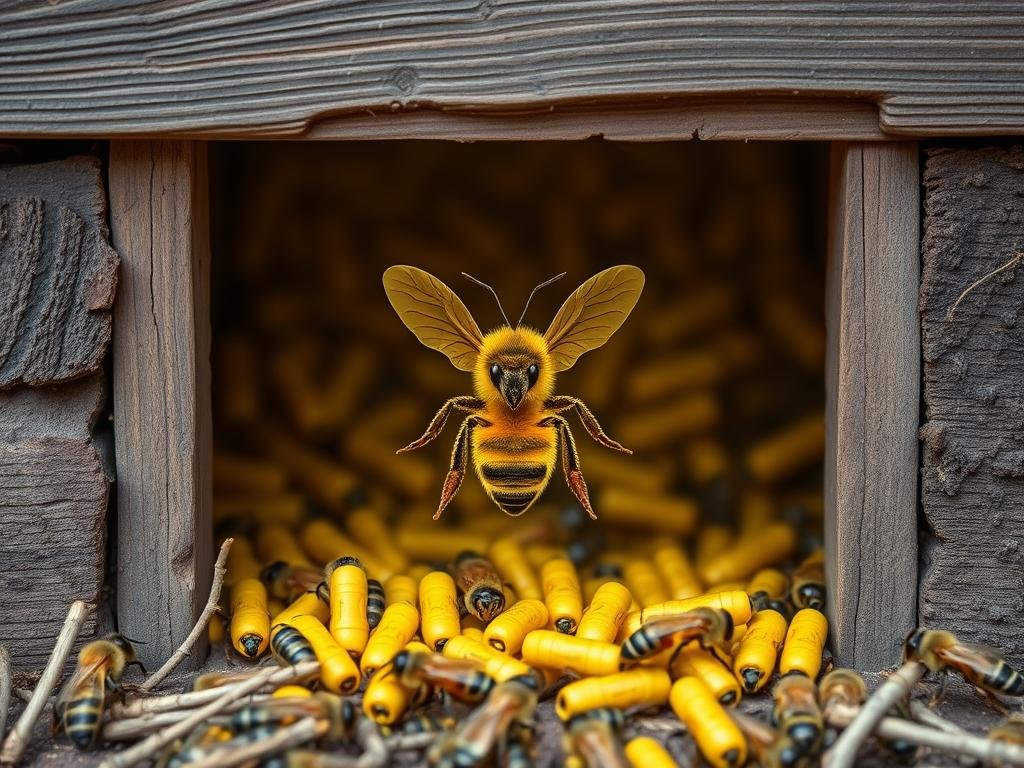 Genera un'immagine di un contatore di api con intelligenza artificiale all'ingresso di un alveare