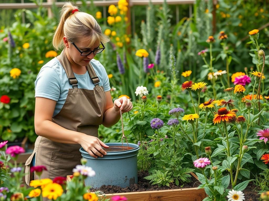 Genera un'immagine di un giardiniere che prepara il tè di compost per le piante mellifere
