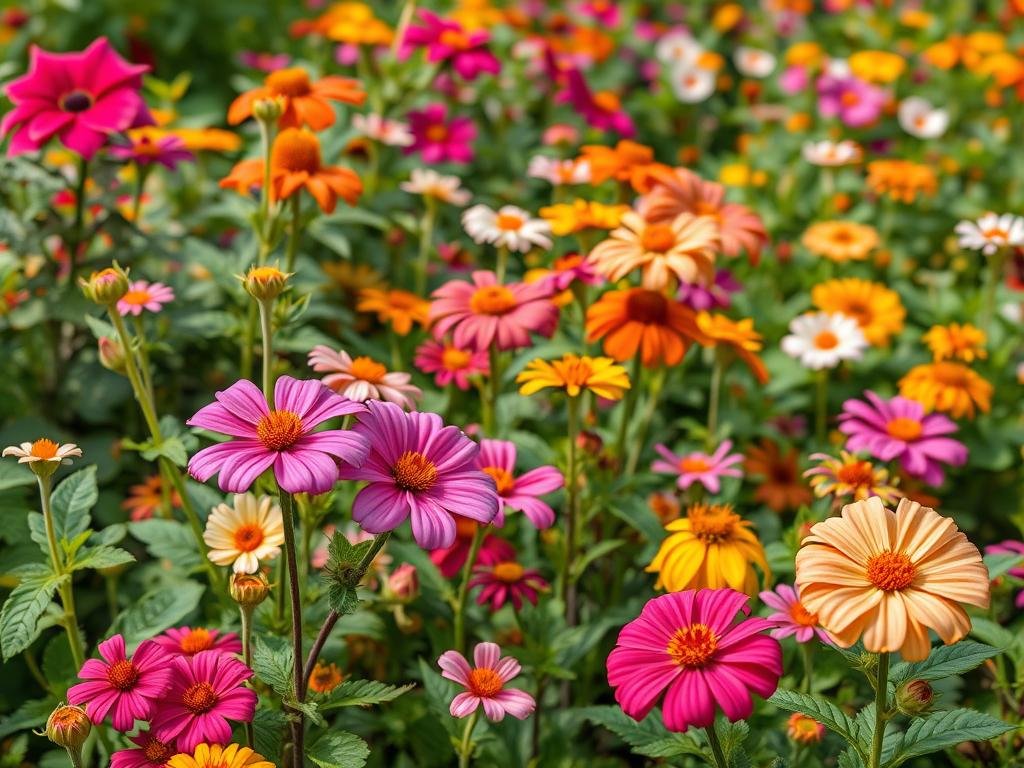 Genera un'immagine di un giardino rigoglioso con piante mellifere fiorite grazie all'utilizzo di compost domestico