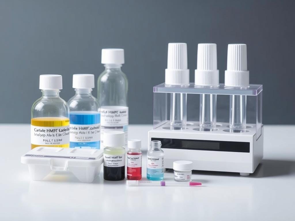 Genera un'immagine di un kit colorimetrico per l'analisi dell'HMF Genera un'immagine di un kit colorimetrico per l'analisi dell'HMF