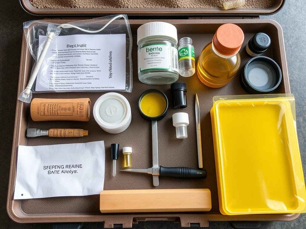 Genera un'immagine di un kit di preparazione dei campioni per l'analisi pollinica del miele. Genera un'immagine di un kit di preparazione dei campioni per l'analisi pollinica del miele.