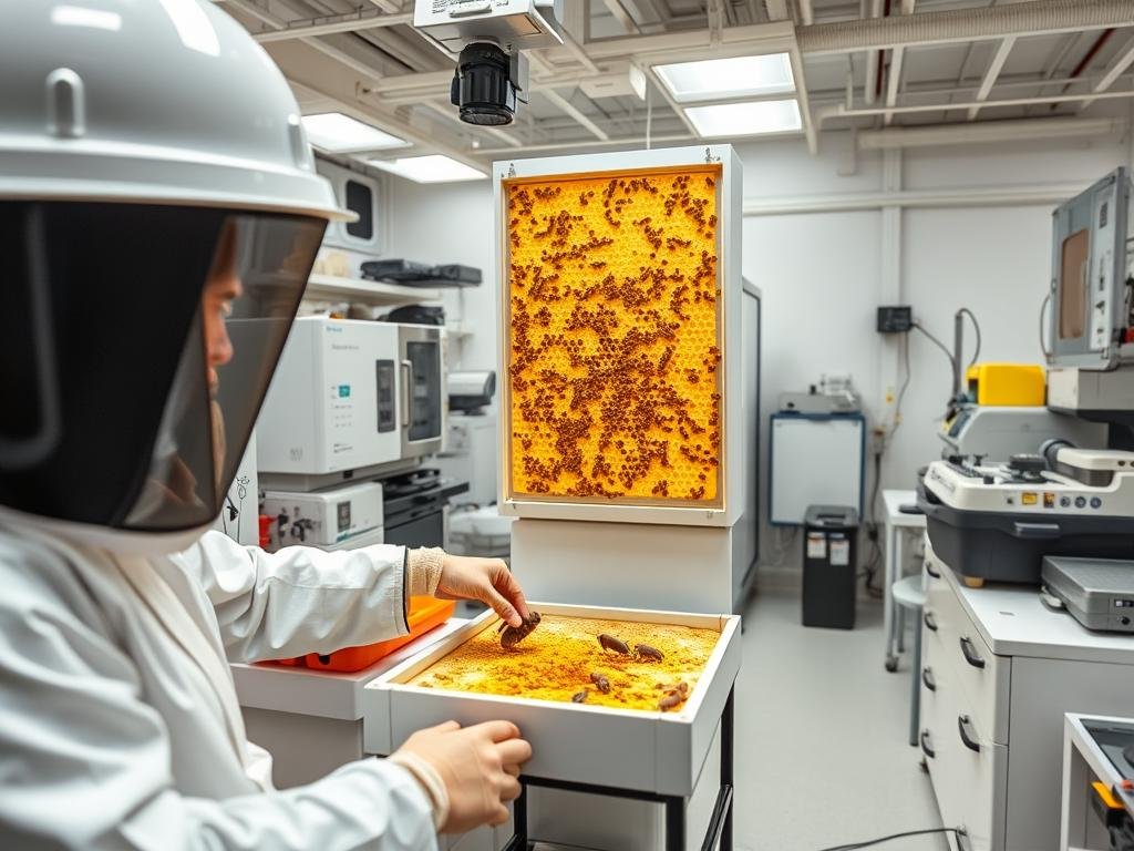 Genera un'immagine di un laboratorio di ricerca sull'apicoltura con tecnologie avanzate.