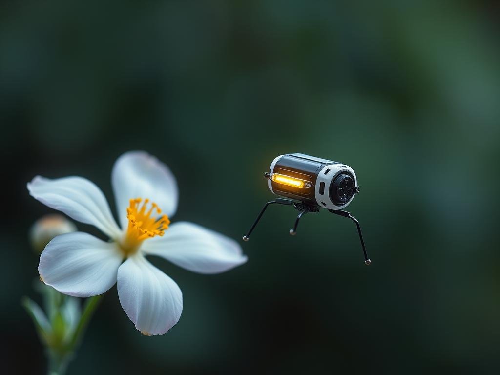 Genera un'immagine di un microbot del MIT mentre vola vicino a un fiore.
