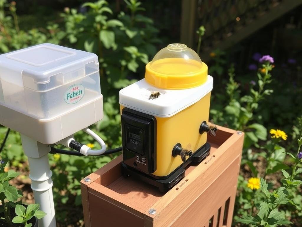 Genera un'immagine di un sistema di alimentazione automatico per api