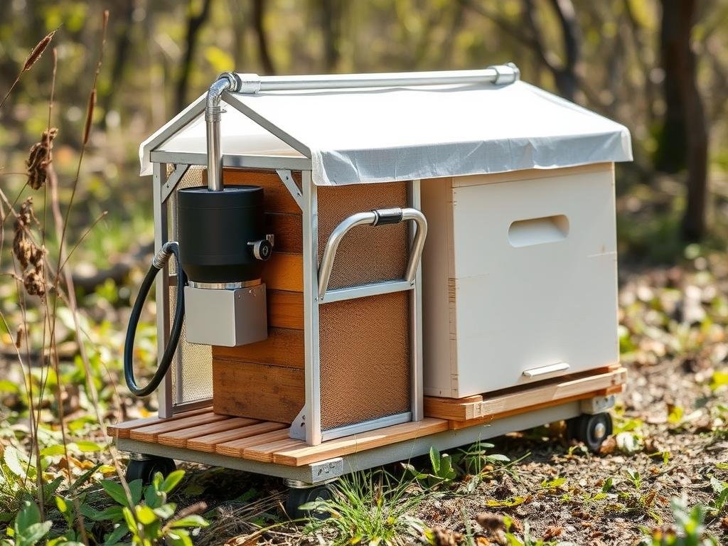 Genera un'immagine di un sistema di disinfezione portatile per alveari Genera un'immagine di un sistema di disinfezione portatile per alveari