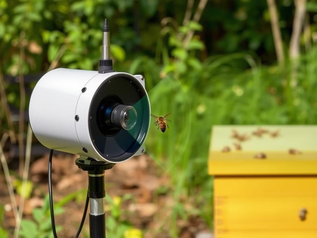 Genera un'immagine di un sistema di monitoraggio acustico vicino a un alveare