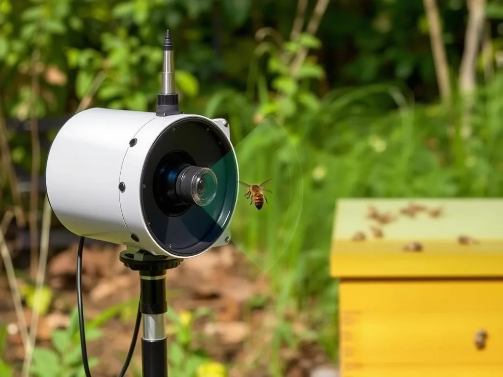 Genera un'immagine di un sistema di monitoraggio acustico vicino a un alveare Genera un'immagine di un sistema di monitoraggio acustico vicino a un alveare